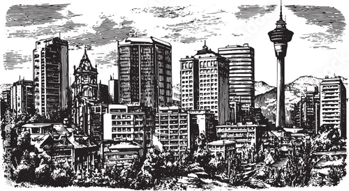 Hand-drawn city skyline featuring modern buildings and skyscrapers. Black and white vector illustration with intricate detail.