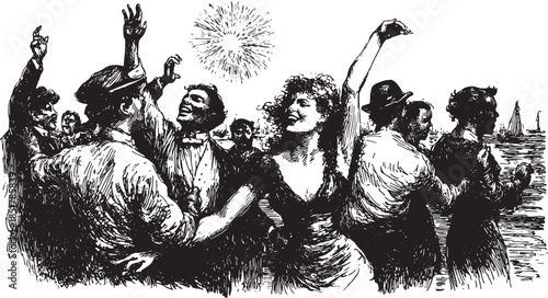 Hand-drawn ink illustration of a celebration scene with people dancing joyfully. This vintage vector illustration captures a festive atmosphere in an outdoor setting.