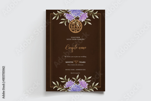 WEDDING INVITATION FRAME WITH FLOWER DECORATIONS AND FRESH LEAVES