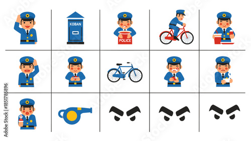 A grid of cartoon police officers in various poses, a police box, a bicycle, a whistle, and suspicious eyes.