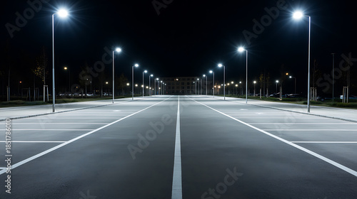 A captivating view of an empty parking lot at night, illuminated by a row of bright street lights. The scene's symmetry and starkness create a sense of surreal tranquility.