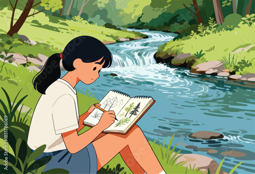 Young artist sketches serene forest stream with colorful foliage and cascading water