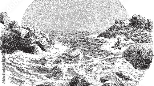 Ocean waves crashing against rocks at sunset. Black and white vector illustration of a coastal landscape set.