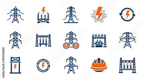 Collection of electricity and power transmission icons, including pylons, substations, and energy symbols.