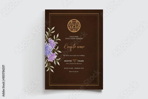WEDDING INVITATION FRAME WITH FLOWER DECORATIONS AND FRESH LEAVES