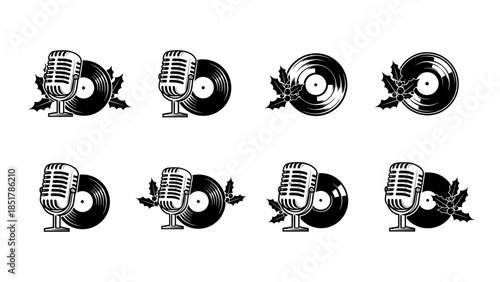 Collection of black and white illustrations featuring vintage microphones and vinyl records with decorative foliage.