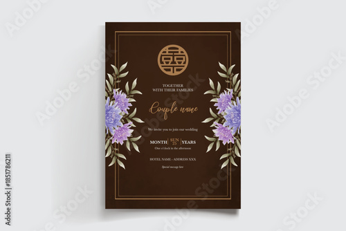 WEDDING INVITATION FRAME WITH FLOWER DECORATIONS AND FRESH LEAVES