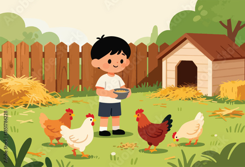 Boy feeds chickens in a farmyard with a coop and hay bales