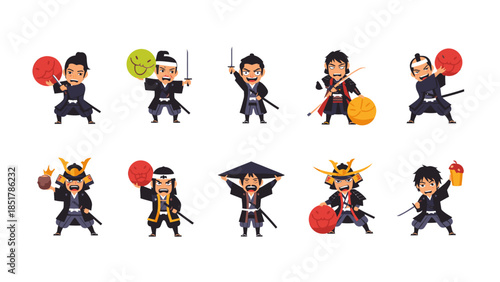 Collection of ten cute cartoon Japanese samurai warriors and historical figures in various poses with traditional weapons and attire.