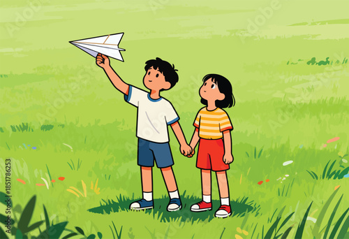 Brother and sister in a meadow, boy holds paper airplane, girl watches