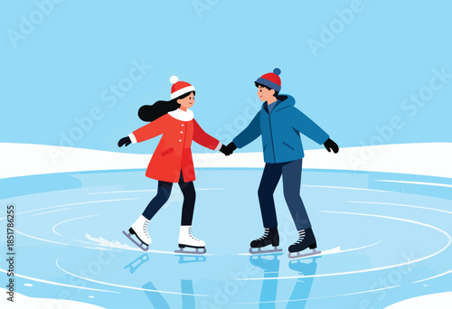 Couple ice skating hand in hand on a frozen rink