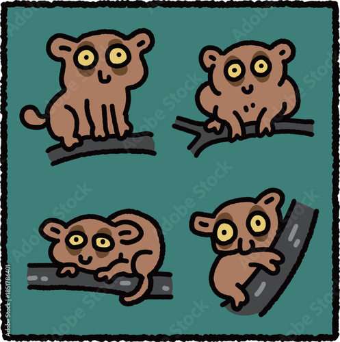 Hand-Drawn Tarsier Illustration Set from Southeast Asian Rainforest, Nocturnal Primate Educational Cartoon