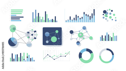 A versatile collection of modern data visualization elements, featuring various charts, graphs, and network diagrams for comprehensive business analytics, financial reporting, and statistical analysis
