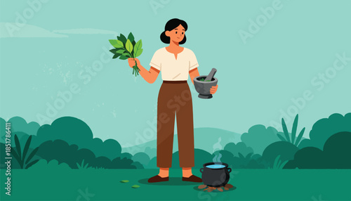 Person prepares herbal remedies outdoors with plants, mortar, pestle, and boiling pot