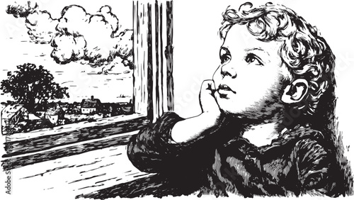 A thoughtful boy gazes out of a window, capturing a serene landscape in black and white. This vector illustration reflects childhood innocence and imagination.