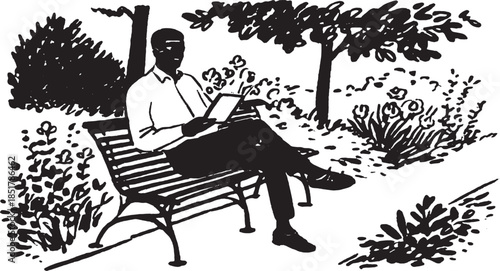 Man reading a book on a bench in a park. Black and white vector illustration depicting a peaceful outdoor lifestyle.