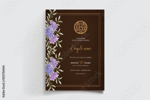 WEDDING INVITATION FRAME WITH FLOWER DECORATIONS AND FRESH LEAVES