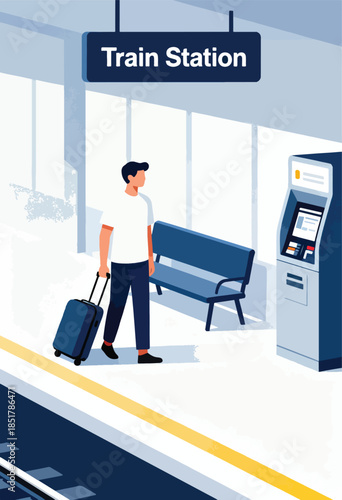 Man with suitcase at train station platform, waiting
