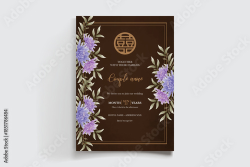 WEDDING INVITATION FRAME WITH FLOWER DECORATIONS AND FRESH LEAVES