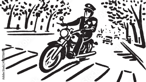Motorcycle officer driving on the road. Black and white vector illustration showing a police figure in motion within a city landscape.