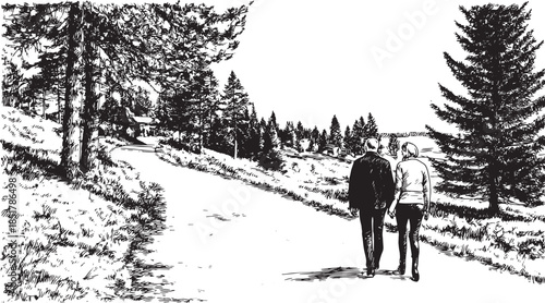 Couple walking on a path surrounded by trees and nature. Black and white vector illustration capturing a serene outdoor landscape.