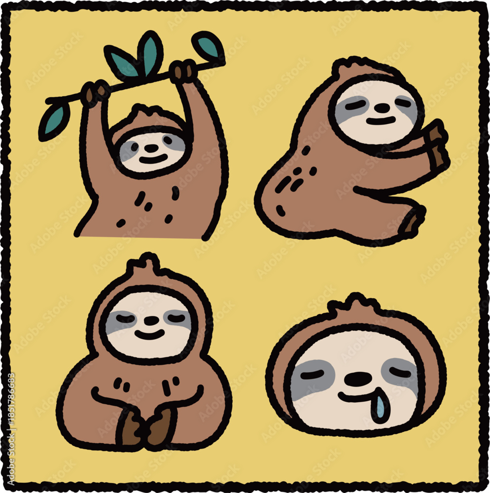 Naklejka premium Hand-Drawn Sloth Illustration Set, Tropical Rainforest Arboreal Mammal Educational Cartoon