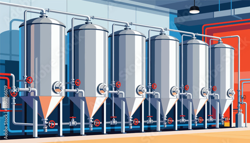 Industrial tanks with pipes and valves in a bright, modern factory setting