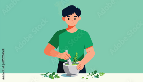 Person crushing herbs in a mortar and pestle for cooking