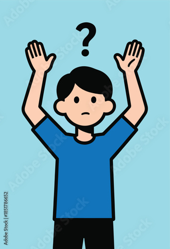 Person with raised hands and question mark above head, looking confused