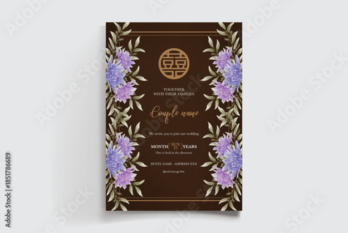 WEDDING INVITATION FRAME WITH FLOWER DECORATIONS AND FRESH LEAVES