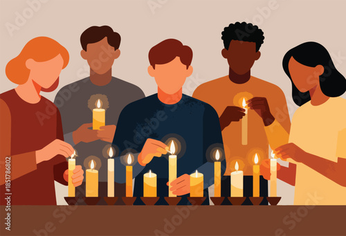 Diverse people lighting candles together in unity