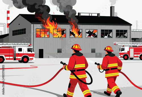 Firefighters battle inferno at industrial building with hoses and fire trucks