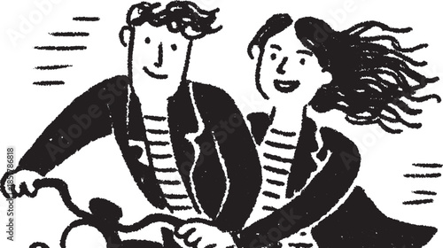 Couple riding a bike in a simple black and white illustration. Modern design conveys motion and togetherness in a vector set.