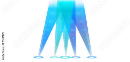 Abstract blue light beams with glowing circles isolated on transparent background
