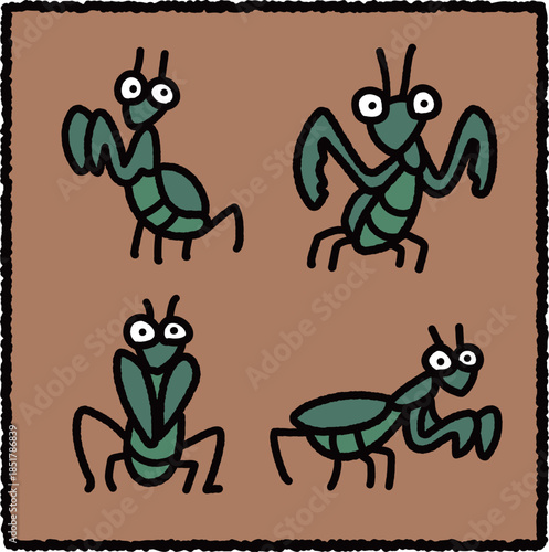 Hand-Drawn Praying Mantis Illustration Set, Predatory Insect Educational Cartoon