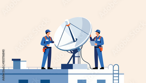 Two engineers adjust a satellite dish on a building rooftop