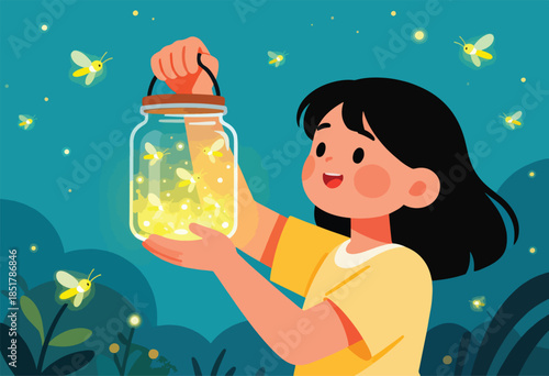 Child holding a jar filled with glowing fireflies at dusk