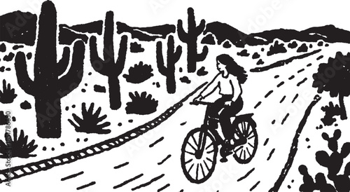 A woman biking through a desert landscape with cacti on either side. This vector illustration captures outdoor adventure and exploration in a simple design.