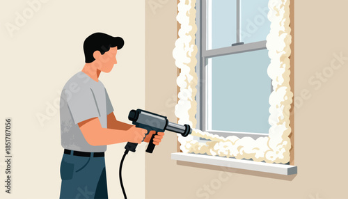 Person sealing window with expanding foam