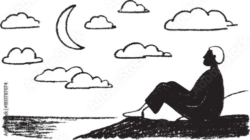 Silhouette of a person sitting by the sea with clouds and a moon. Simple black and white vector illustration in a minimalist style.