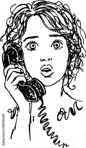 Girl surprised using a vintage phone. Closeup lineart vector illustration featuring simple black and white style.