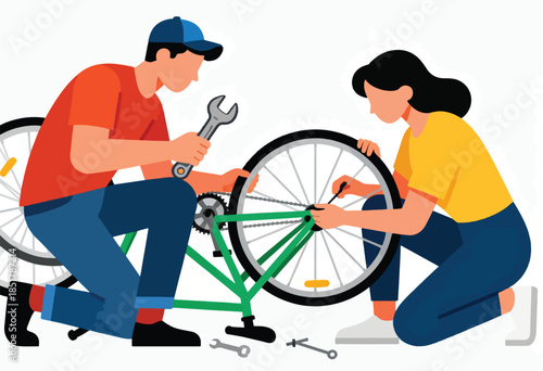 Two people fixing a bicycle with tools