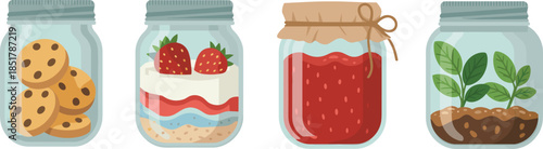 Glass jar vector set, cookies, dessert, jam, plant, food storage, sweet treat, eco container, layered snack, kitchen decor illustration