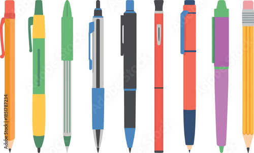 Pen and pencil vector set, colorful stationery icons, writing tools collection, cartoon style, school supplies, office equipment, educational illustration