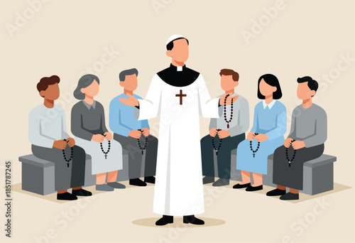 Cleric leads diverse group in prayer with rosaries