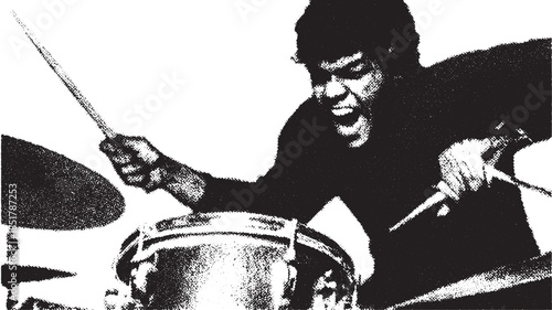 Drummer performing on stage. Black and white dynamic illustration capturing the energy of live music performance in vector style.