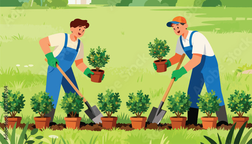Two men in overalls planting small potted trees in a sunny garden