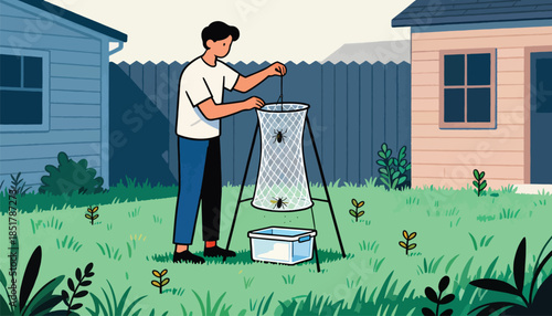 Person setting up insect trap in backyard with grass, plants, fence, and shed