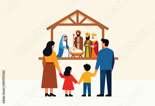 A family observes a nativity scene with Mary, Joseph, baby Jesus, and three kings