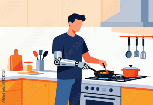Man with prosthetic arm cooks in a modern kitchen